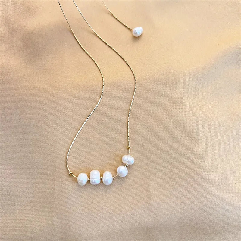 Unique Women Wedding Long Luxury Beaded Water Pearl Gold Chain Necklace