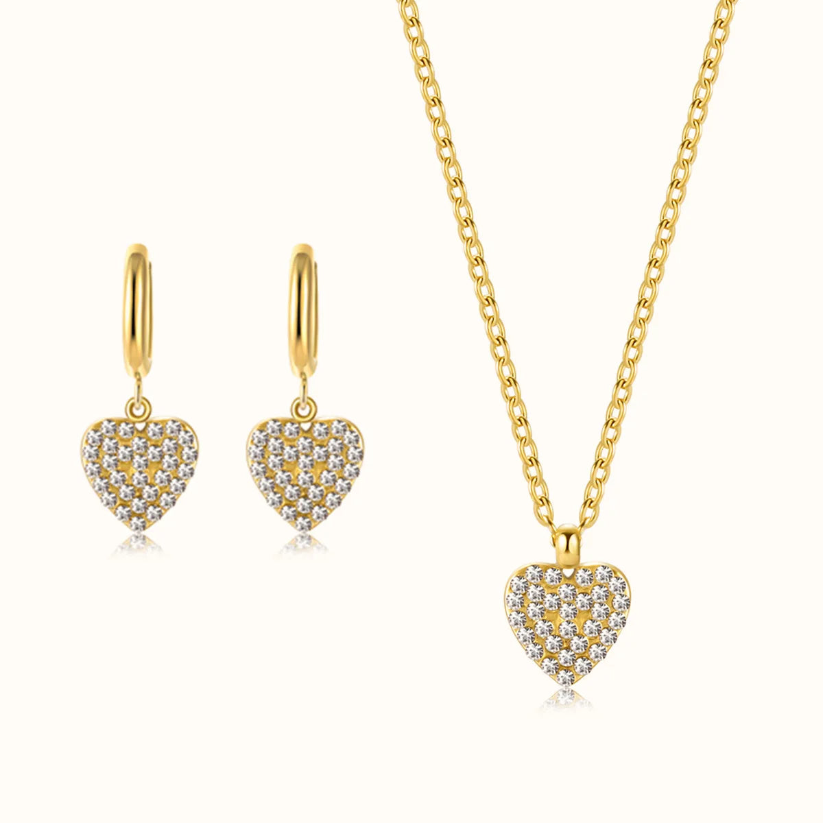 Trendy Diamond Stainless Steel love Necklace Jewelry Set Crystal Cz Cubic Zirconia Heart Earrings Necklace Jewelry Set