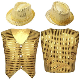 Kids Boys Glittery Sequined Waistcoat Jazz Dance Performance Costume Stage Performance With Hat