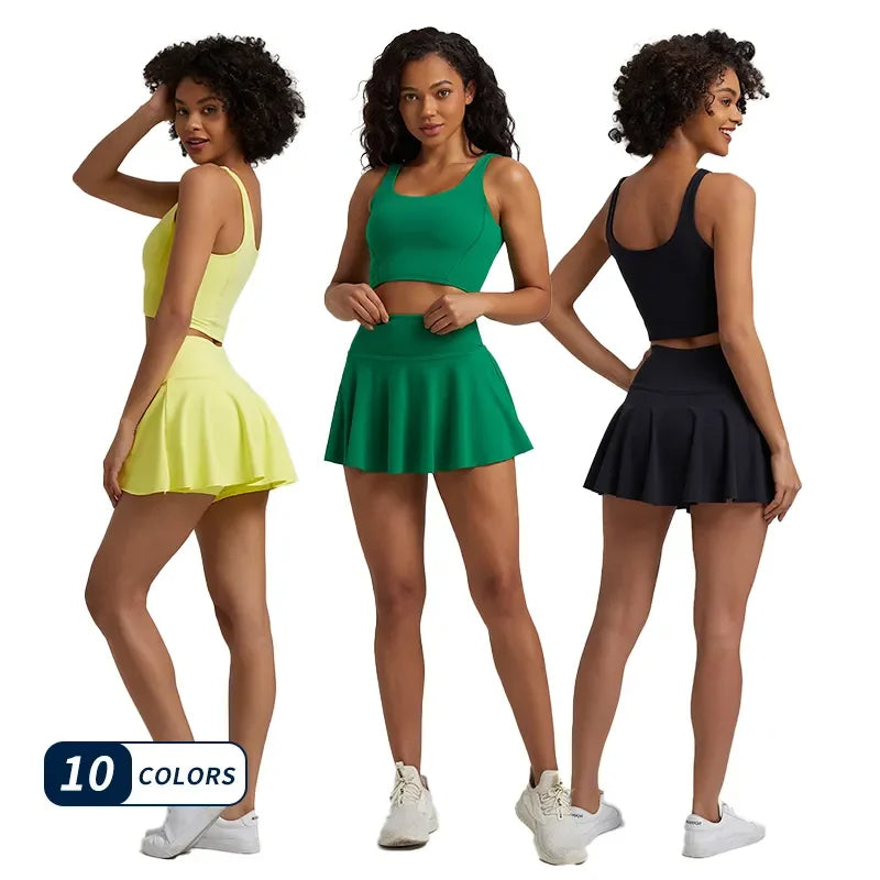 Inner Shorts Design Yoga Tennis Skirt U Neck Fitness Women Crop Top Sports Bra Running Fitness Workout Yoga Set Tennis Clothing