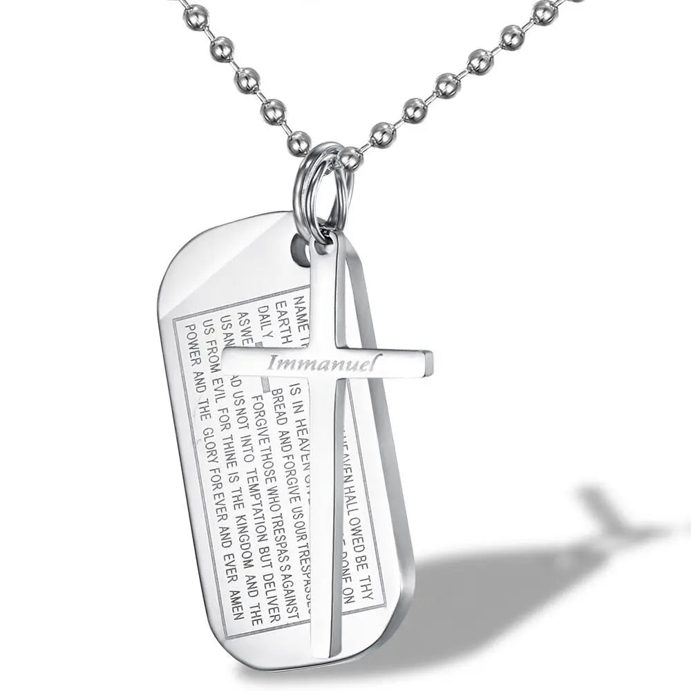 Men's Women's Stainless Steel Cross Square Charm Fine Pendant Religious Christian Bible Verse Prayer Necklace with Free Chain