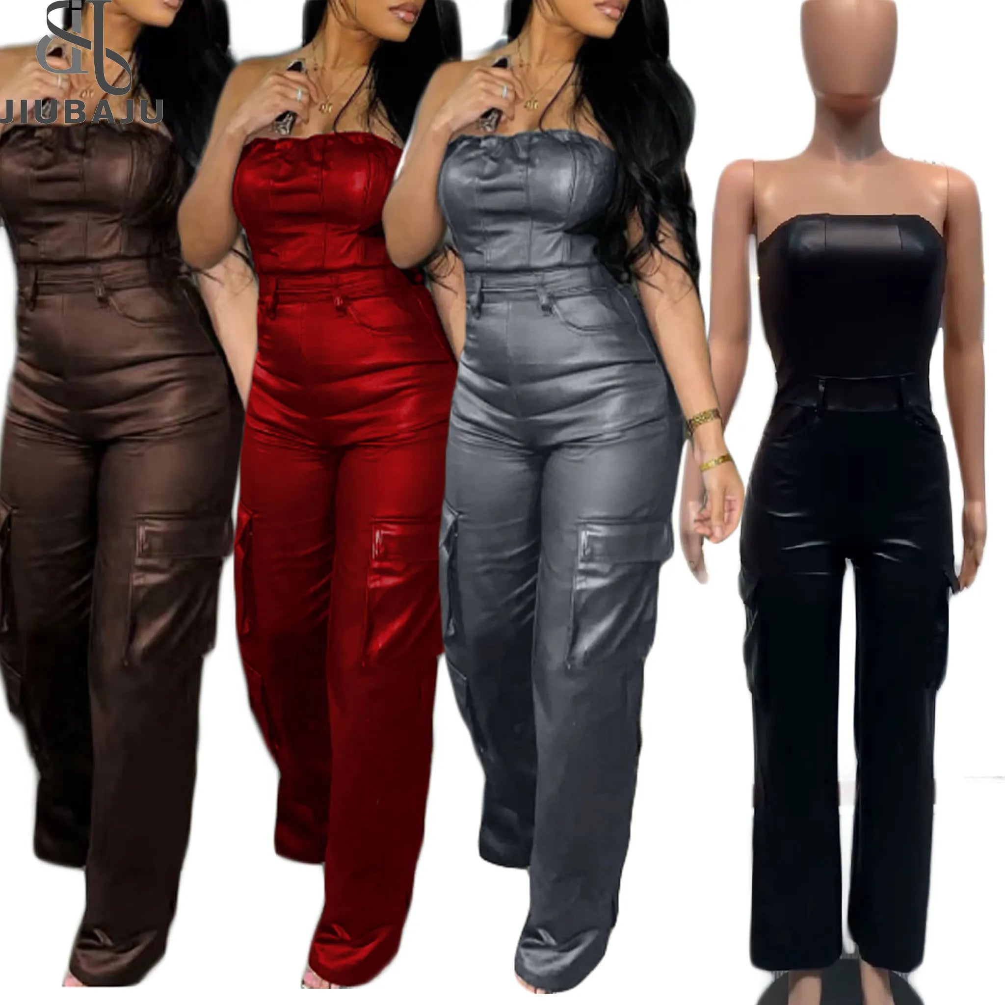 Faux Leather Strapless Sleeveless Bodycon PU Jumpsuit Women Club Party One Piece Overall