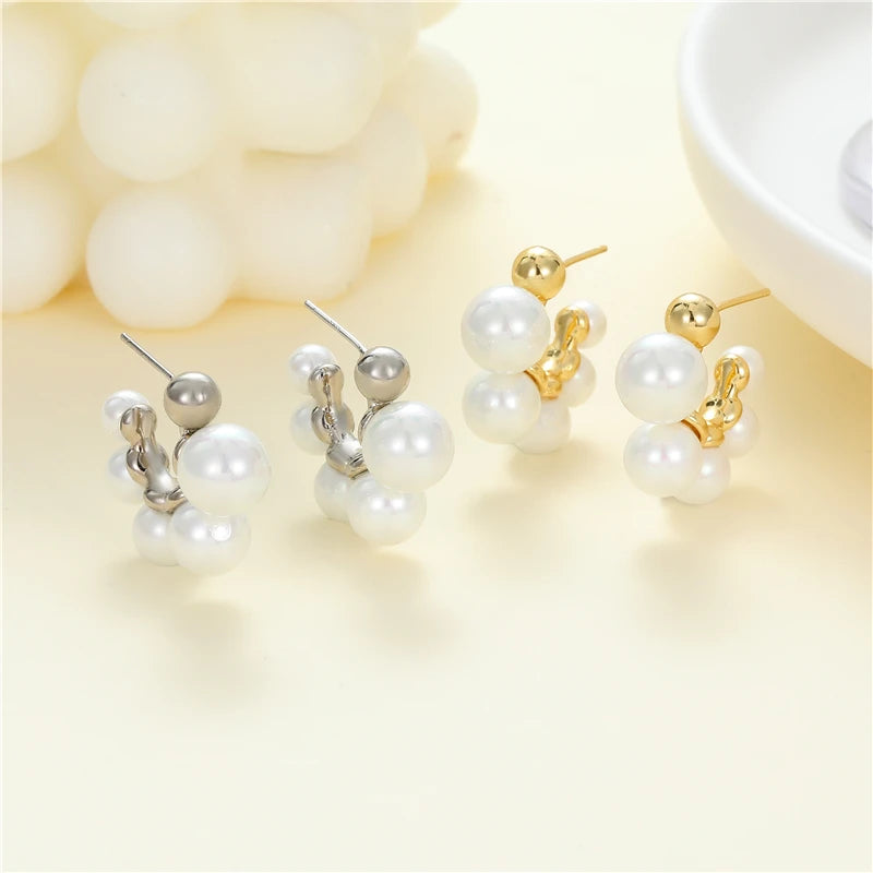 Wholesale Jiexing Jewelry Pearl Design Earring Gold Plated C-Shape Daily Design Stud Earrings S925 Silver Needle for Women Girls
