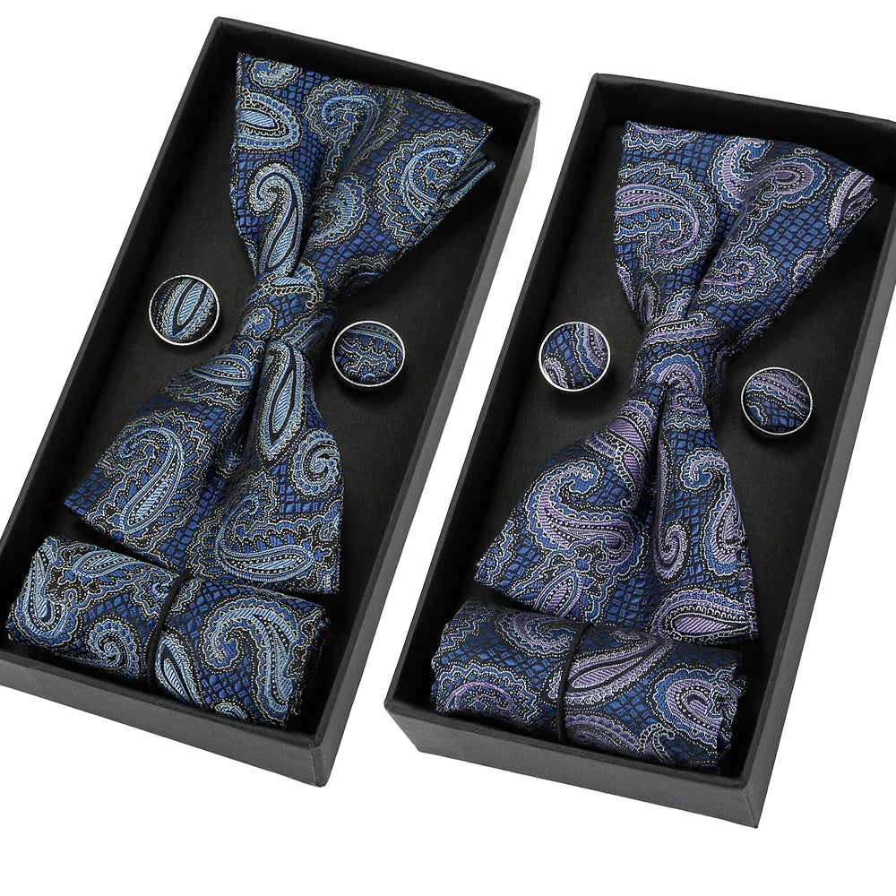 Navy Blue Paisley Bow Ties Set for Men Pre-Tied Bows With Pocket Square Cufflinks for a Gift Box