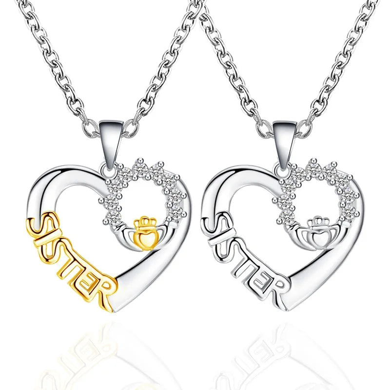 Collar De Amistad Letter SISTER Crown Pendant Necklace Zircon Heart Shape Pendant Necklace Jewelry for Woman Girl