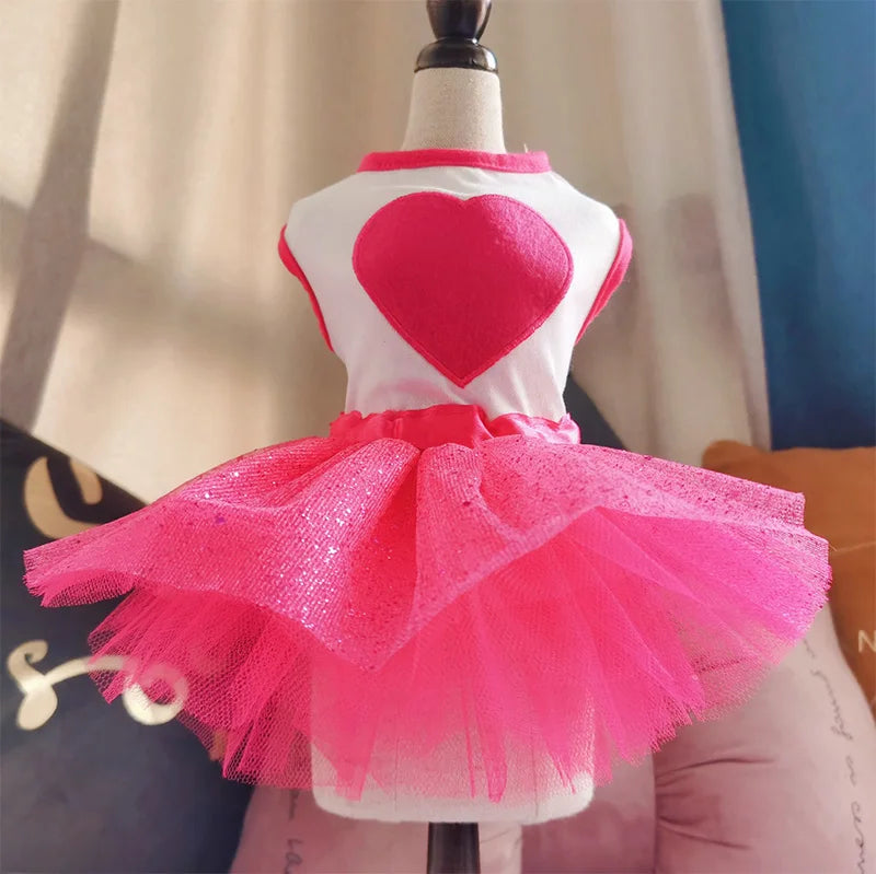 Cute Pink Cotton Dog Heart Print Skirt Spring Summer Puppy Teddy Bear Girl Princess Dog Dress