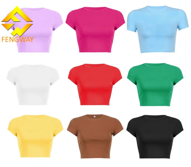 Fengway Women's T-shirts Wholesale Tee Top Square Collar Crop Tops Solid Color Short Sleeve T-Shirt for Women