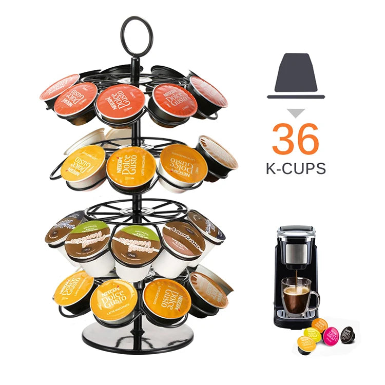 360Â° Rotating Coffee Pod Holder 36-Capacity Metal Storage Stand for Nespresso Dolce Gusto & K-Cup Space-Saving Organizer
