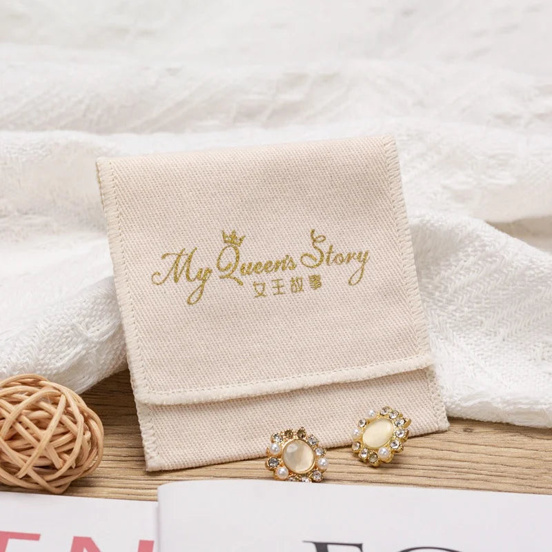Eco Friendly Cotton Canvas Recyclable Custom Logo Craft Jewelry Packaging Envelope Soft Luxury Clear Flap Dust Bag Pouch Custom