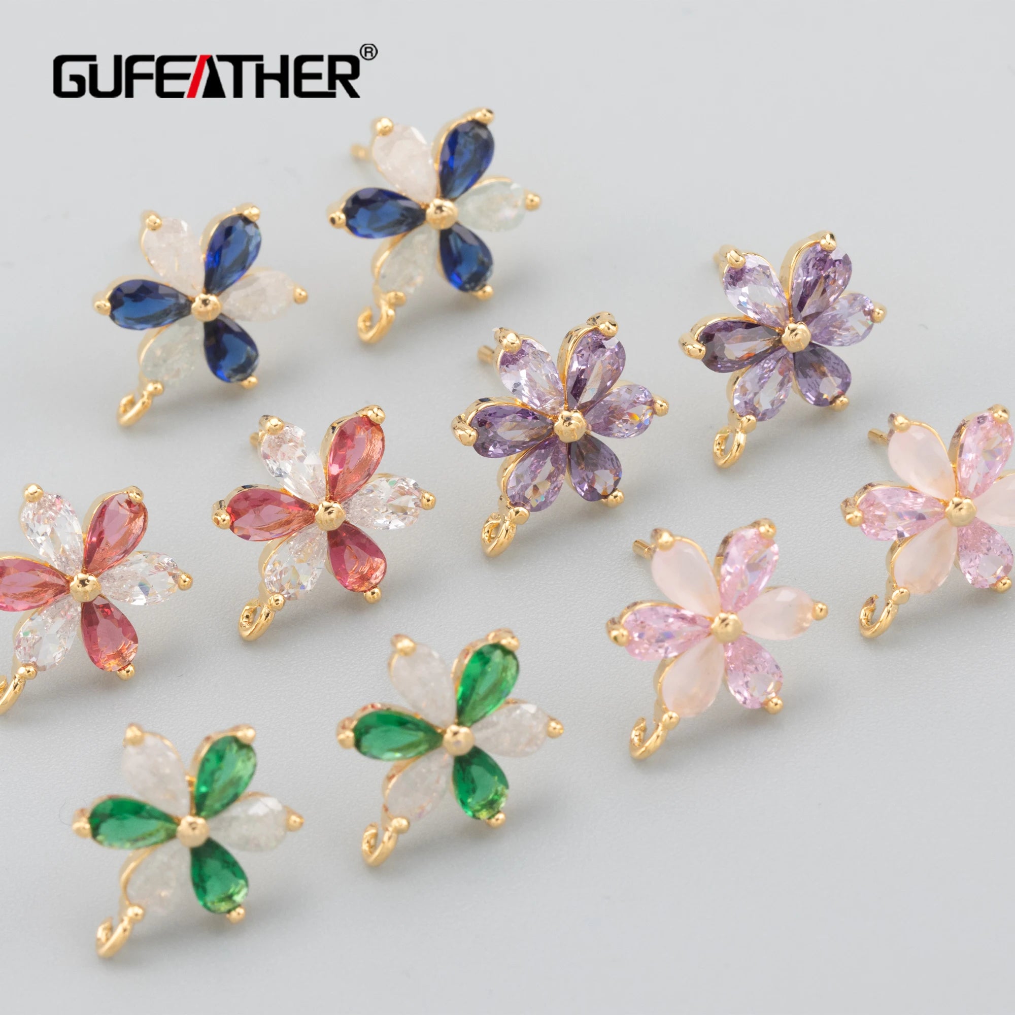 MA95 6pcs/lot Nickel-Free 18K Gold Plated Copper Metal Jewelry Accessories with Zircon DIY Flower Shape Earrings