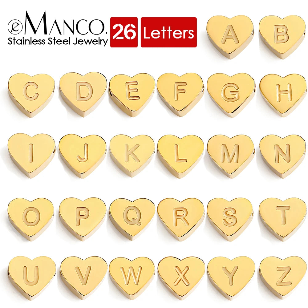 EManco INS Popular Stainless Steel Love Heart Shape a to Z Letter Initial Capital Alphabet Charms Pendant DIY Jewelry