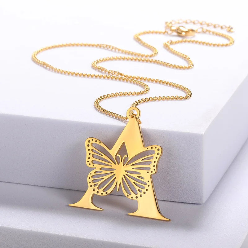 Fashion Custom Name Letter Necklace Jewelry 18k Gold Plated Stainless Steel Hollow Butterfly Initial Pendant Necklace