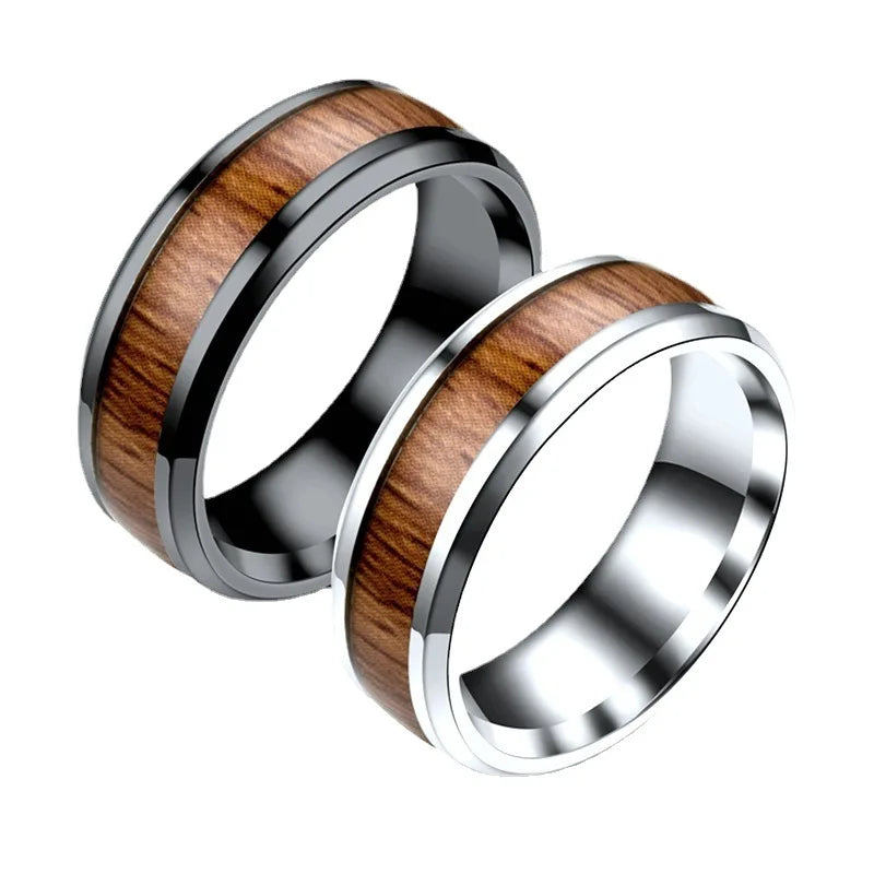 Classic Wood Grain Inlaid Ring Men Stainless Steel Rings Jewelry Women Unique Couple Rings Love Forever Comfort Fit Size 6-13