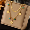 European and American Simple Double Snake-bone Chain Titanium Steel Turquoise Small Flower Pendant Necklace
