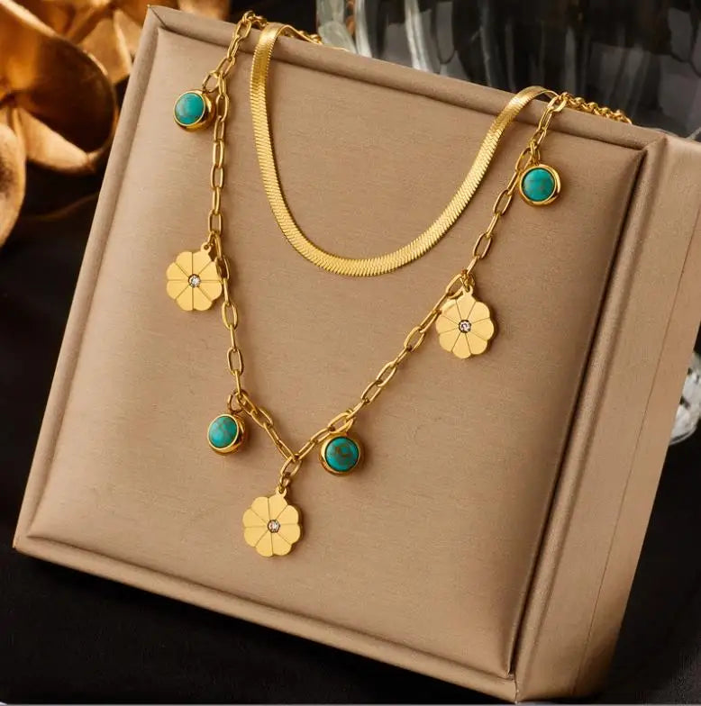 European and American Simple Double Snake-bone Chain Titanium Steel Turquoise Small Flower Pendant Necklace