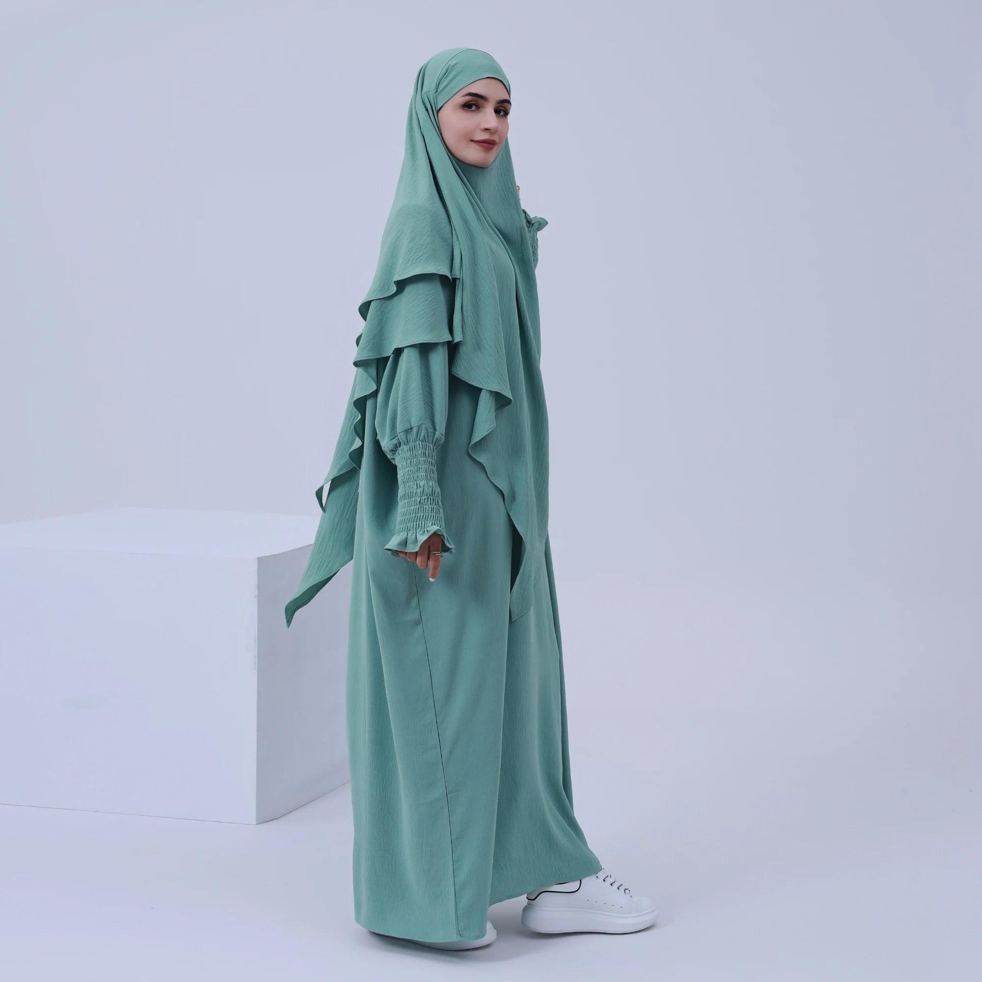 Drop Shipping Traditional Muslim Clothing 2 Layer Arab Khimar Jilbab Set 2pc EID Jilbab Abaya Muslim Dress Hijab Set