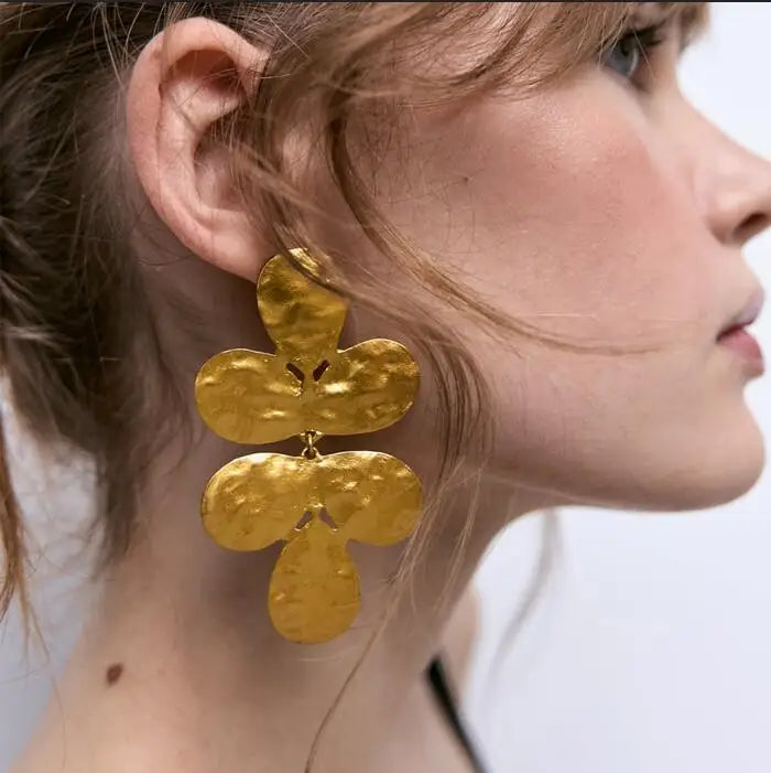 2023 ZA Spring New Metal Alloy Gold Color Flower Leaf Dangle Earrings Women Big Holiday Fashion Jewelry Accessories