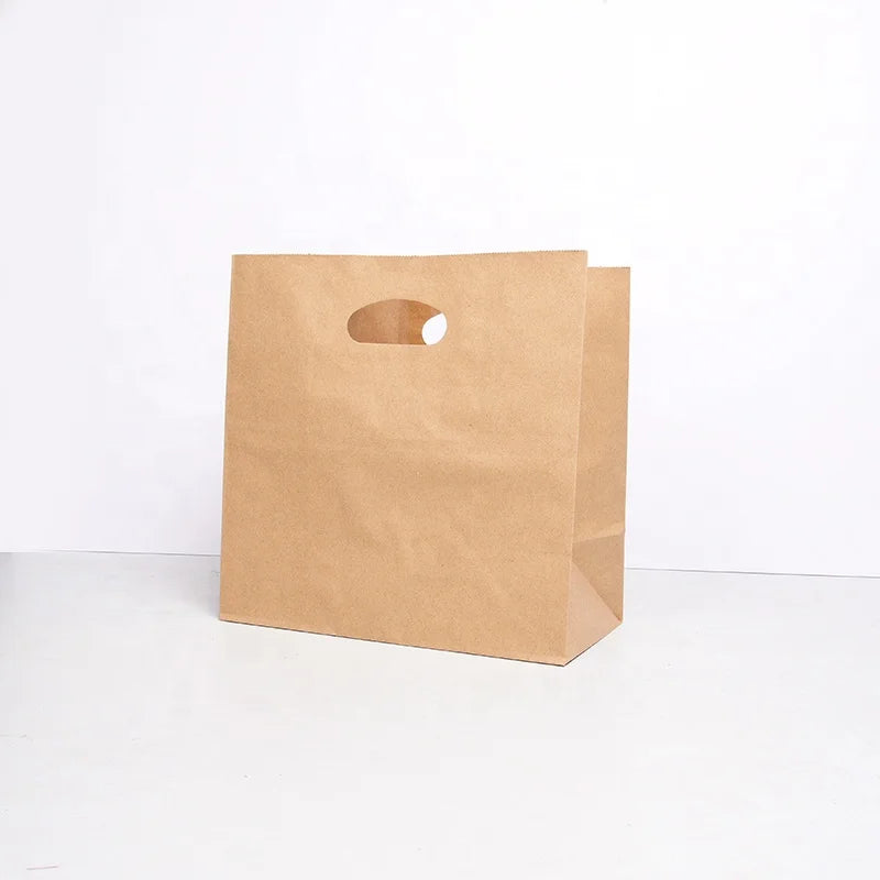 Factory Price Customizable logo Die Cut Tote Brown Paper Bags Bulk Kraft Paper Grocery Takeout Bags for Restaurant Bakery Retail