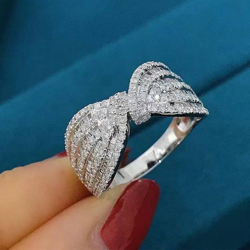 Huitan Hot Sale 925 Silver Plated Sparkling Bow Knot Valentine's Day Jewelry for Women Micro Pave CZ Cubic Zirconia Bow Rings