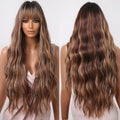 MOQ1 Factory Wholesale Price Chocolate Brown Curly Wave Synthetic Wig for Women Long Blonde Highlights Wigs with Bangs