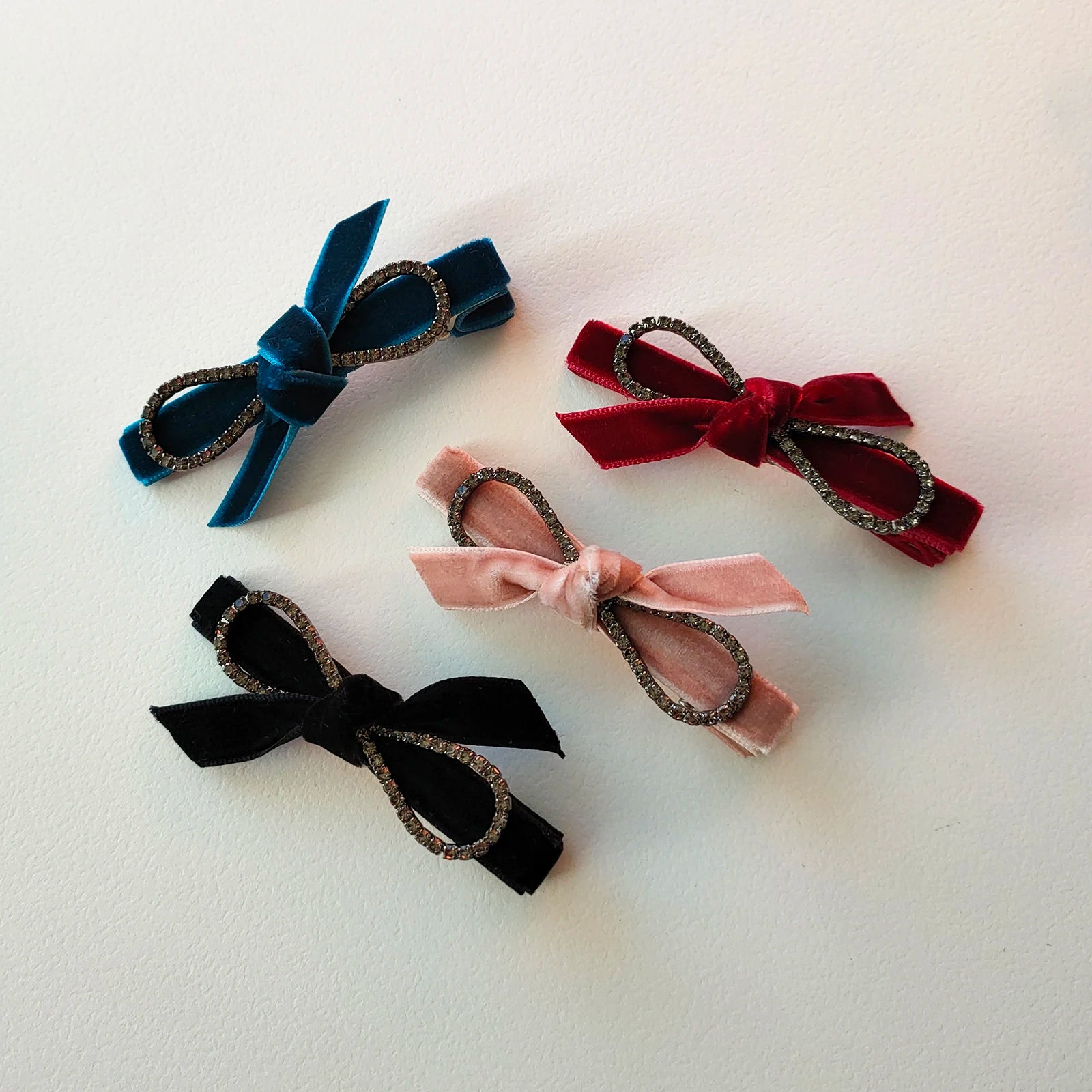 4pcs Set Lovely Velvet Rhinestone Hair Clip Ribbon Bow Drill Barrette for Baby Shower Christmas Thanksgiving Handmade Metal Gift