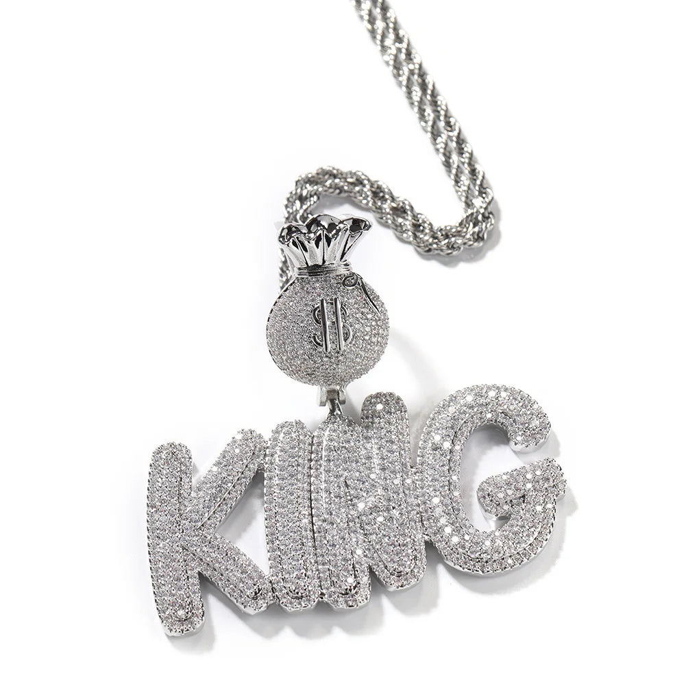 Hiphop Men's Custom Brass Iced Out Name Diamond Money Bag Charm Pendants Gold Plated Rope Chain Choker Necklace Zircon Stone