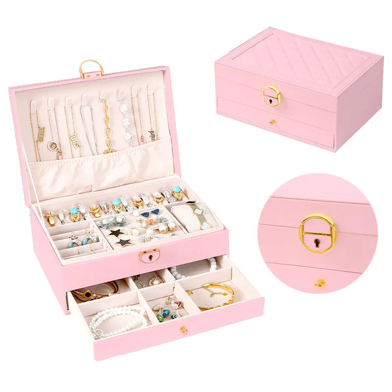 Luxury PU Leather Case Display Earring Necklace Bracelet Ring 2 Layer Jewelry Box Glass Lid Jewelry Organizer Drawer Storage
