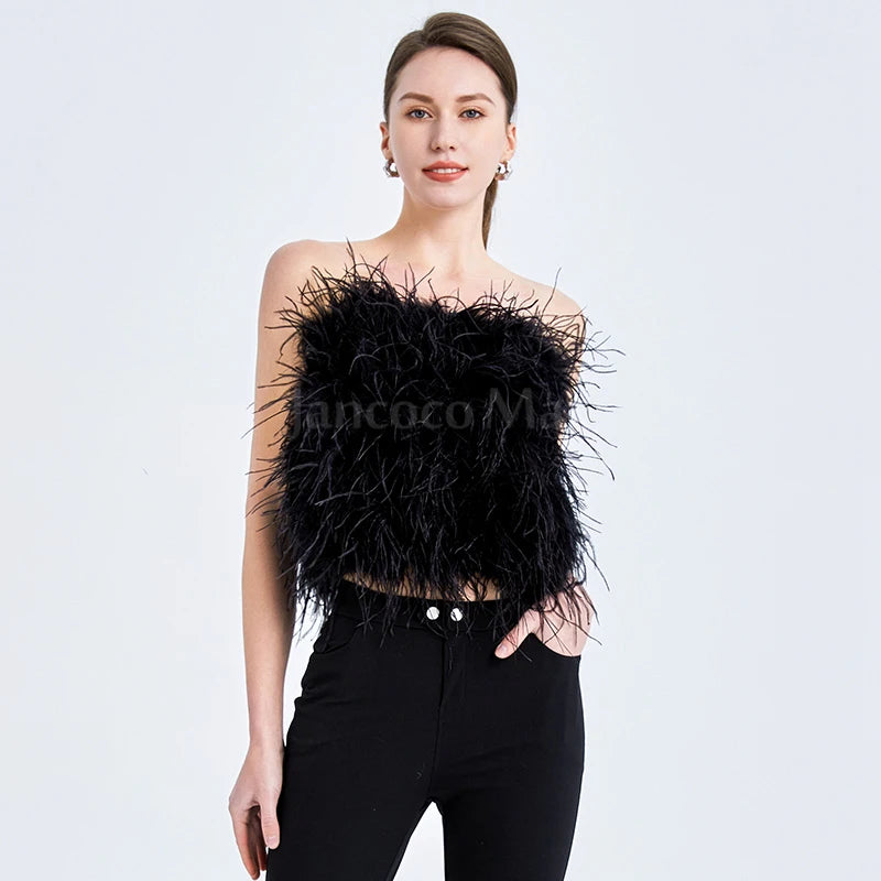 Party Sexy Strapless Fur Wraps Tops Women Ostrich Feather Crop Top
