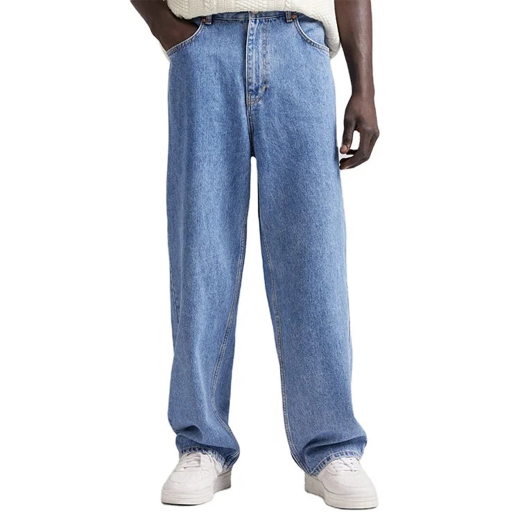 China Supplier Custom Print High Quality Cotton Light Washed Baggy Jeans Men