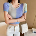 2024 Summer New Top Short Sleeve Square Collar T-shirt Knitted Pullover T-shirt for Woman
