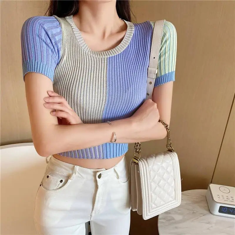 2024 Summer New Top Short Sleeve Square Collar T-shirt Knitted Pullover T-shirt for Woman