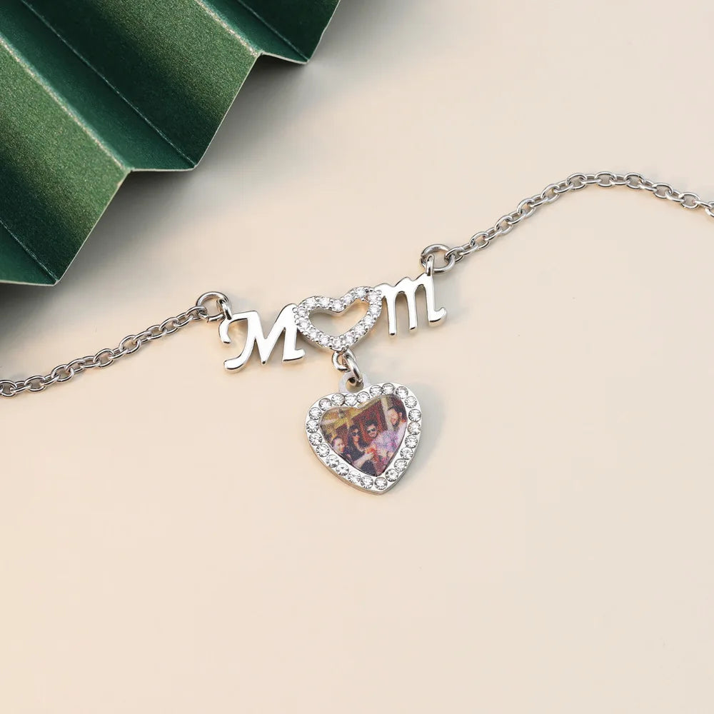 Qiuhan Stainless Steel Mother's Day Gift MOM Diamond Studded Peach Heart Color Print Picture Necklace