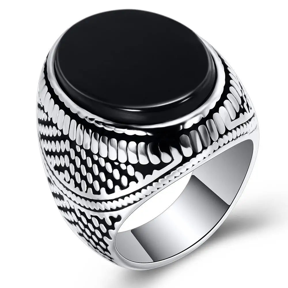 Fashion Jewelry Vintage Stainless Steel Jewelry Hip Hop Ring Anillos 18k Gold Plated Black Onyx Gemstone Signet Ring for Men