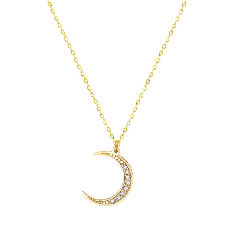Fashionable Jewelry Women  Stainless Steel Moon Pendant Necklace Crystal Rhinestone Moon Necklace