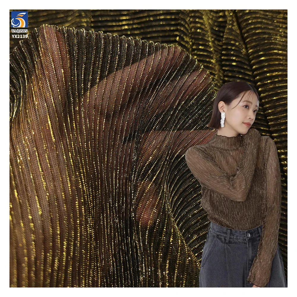 New Arrival 110gsm Moonlight Knit Fabric Stretch 0.3mm Crinkle Pleated Crepe Shiny Metallic Lurex Mesh Fabric for Lining
