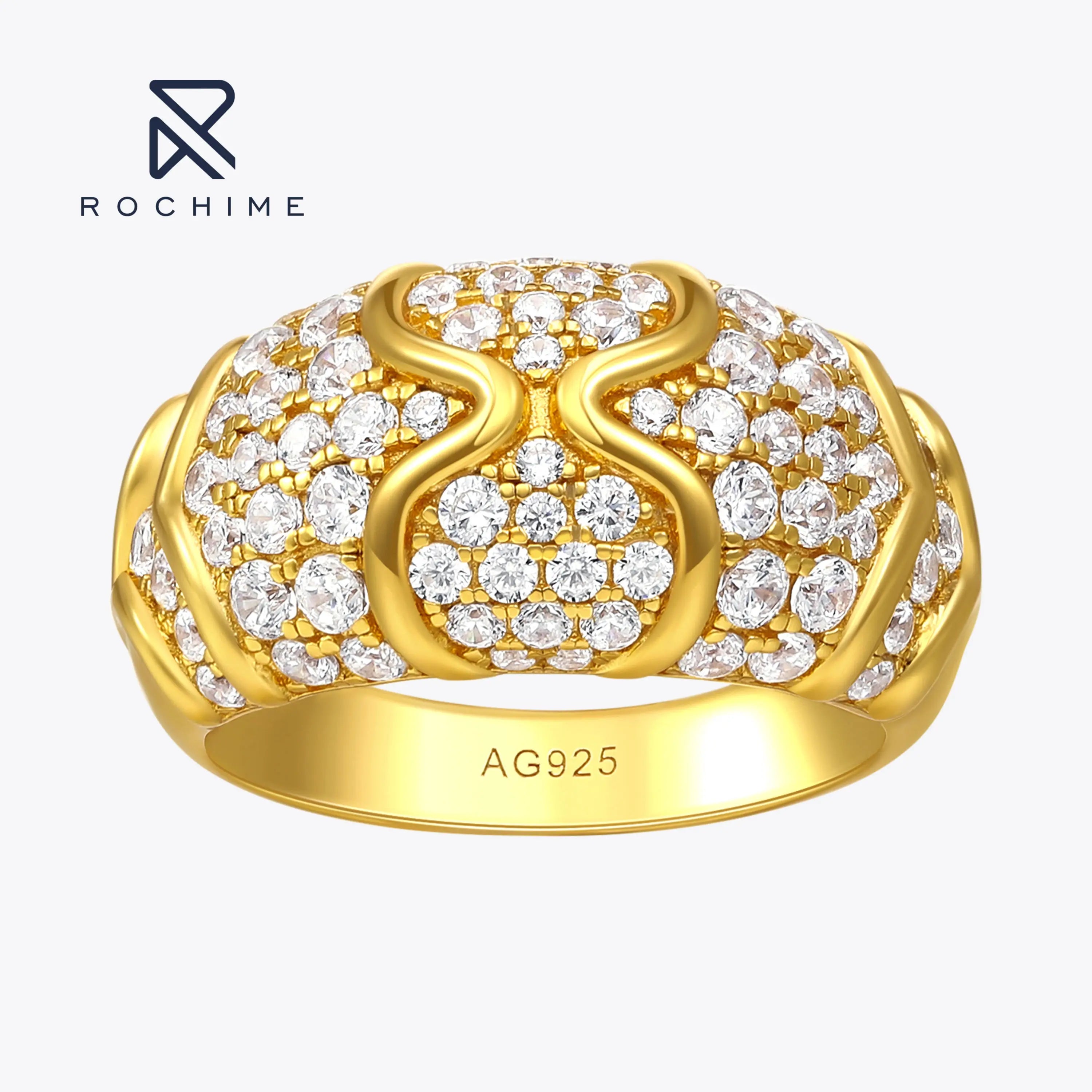 Rochime Luxury Vintage Ripple Shaped Diamond Ring 925 Sterling Silver  Gold Plated Zircon Rings for Women