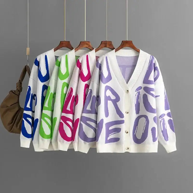 B2B Knitwear Manufacturer Custom Women's Deep V-Neck Jacquard Letter Button Front Cardigan Coat for Women