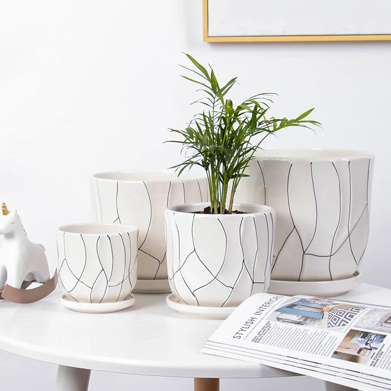 New Design Orchid Nordic Style Flower Pot with Tray Ceramic Plant Pot Set with Drainage Hole 3pcs for Home and Garden Nursery