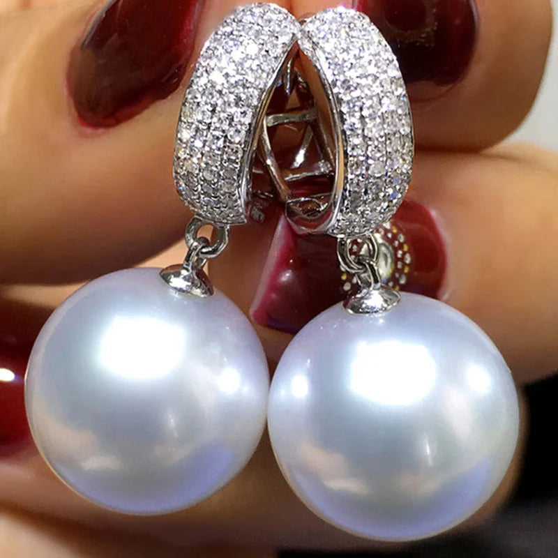 CAOSHI Wholesale African Imitate Round 8mm Pearl Pendant Dangle Jewelry Women 925 Silver Plated Zircon CZ Pearl Wedding Earrings
