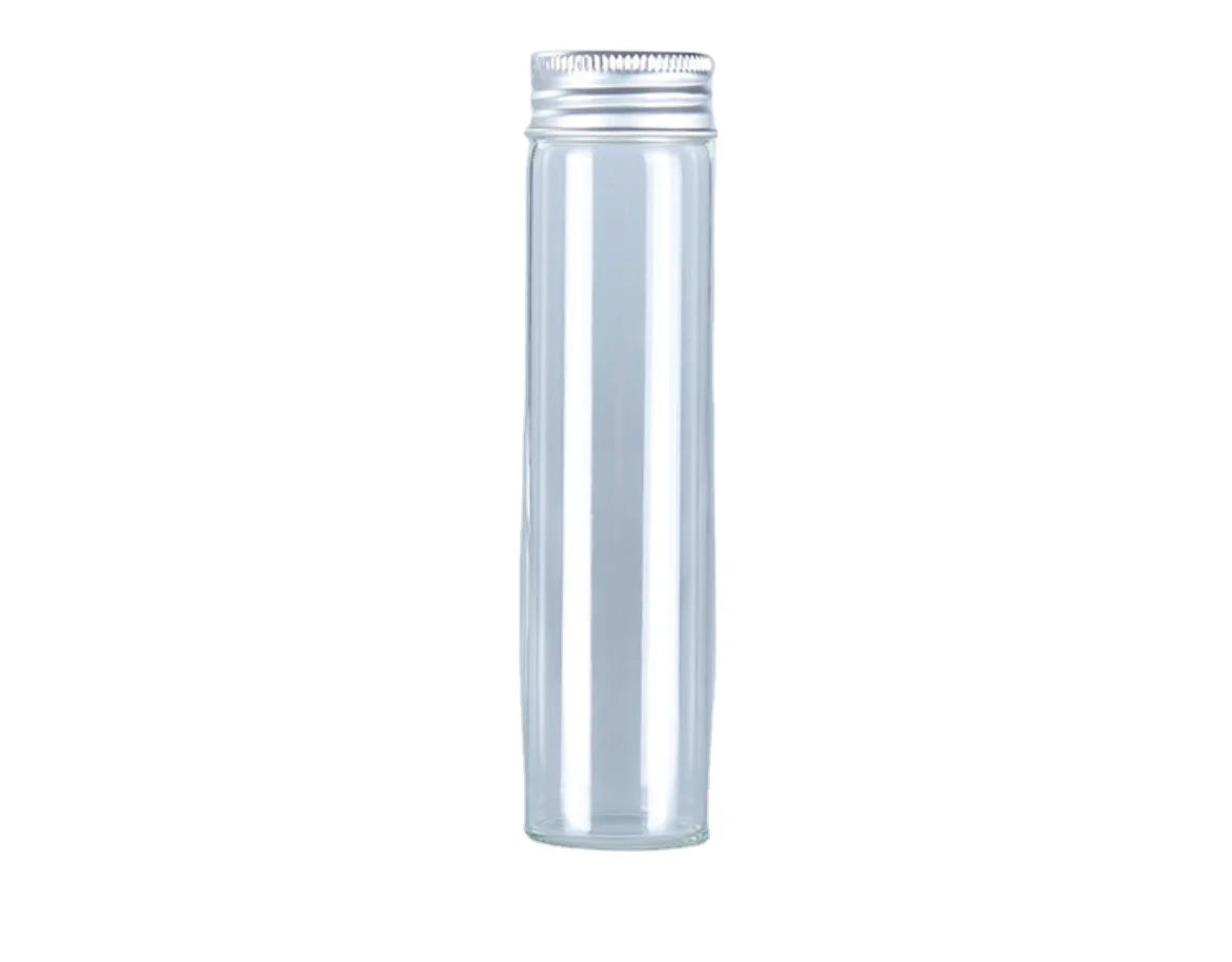 Custom Made Small Medicine Bottle 30mm Diameter Flat Rolled Edge Matte Silver-Coloured Screw Top Aluminium Cap Glass Test Tube