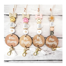 Custom Teacher Smile Lanyard Rainbow Daisy Beaded Lanyard Personalized Name Bohemian Teacher Nurse Tassel Lanyard