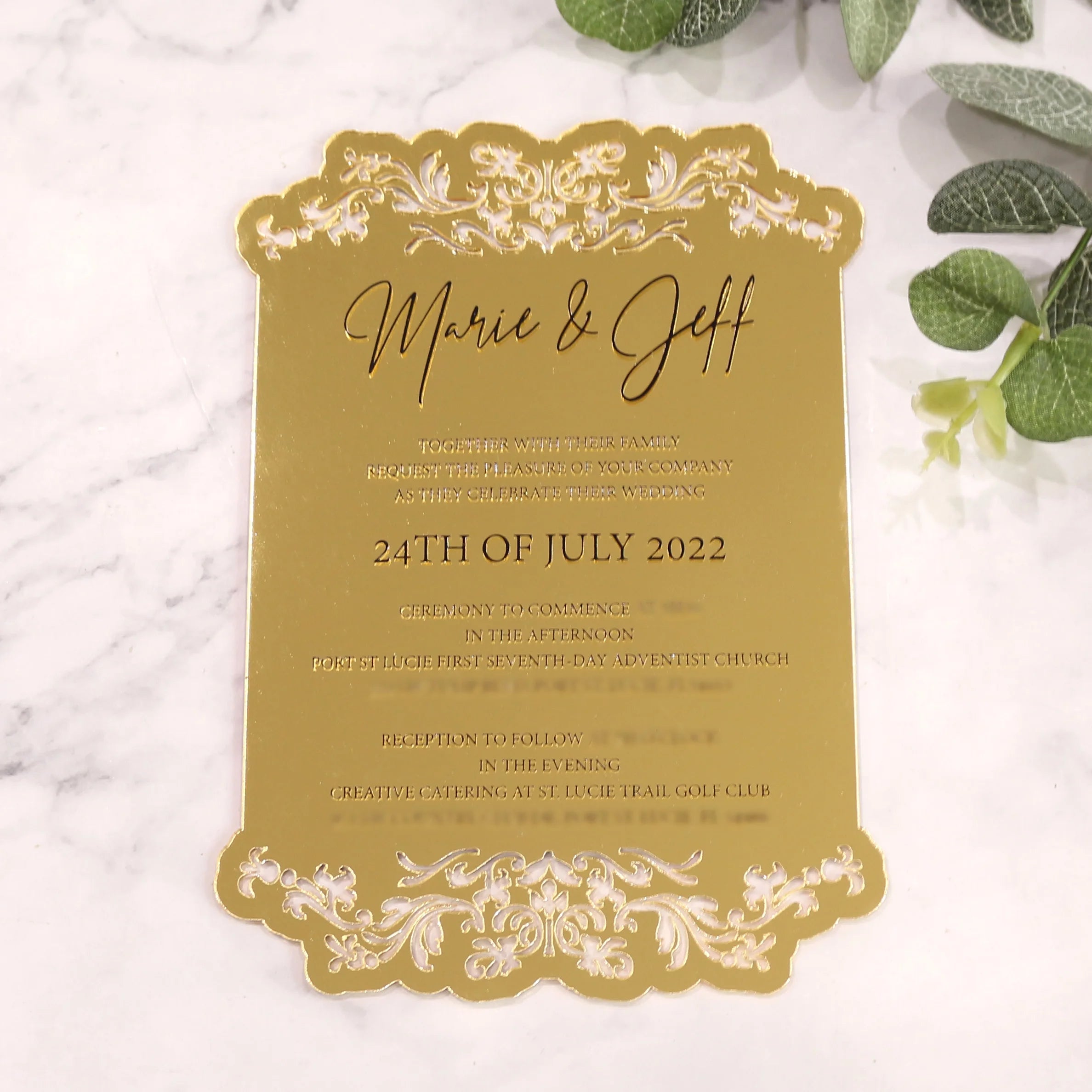 2026 New Design Gold Mirror Acrylic Menu Cards Black and With White Ink Printing Luxury Handmade Wedding Acrylic Invitations