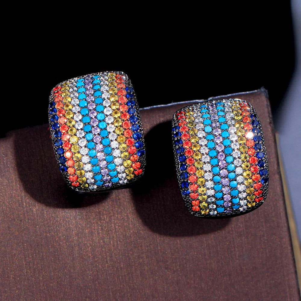 Unique Micro Pave Cubic Zircon Stone Colorful Statement Big Rectangle Stud Earrings for Women Party Jewelry Gift Accessories