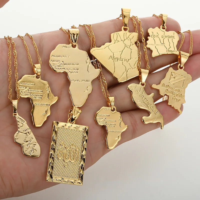 18k Gold Plate Africa Congo Algeria Map Pendant Necklace for Women Men Gold Color Copper Chain Necklaces Hiphop Style