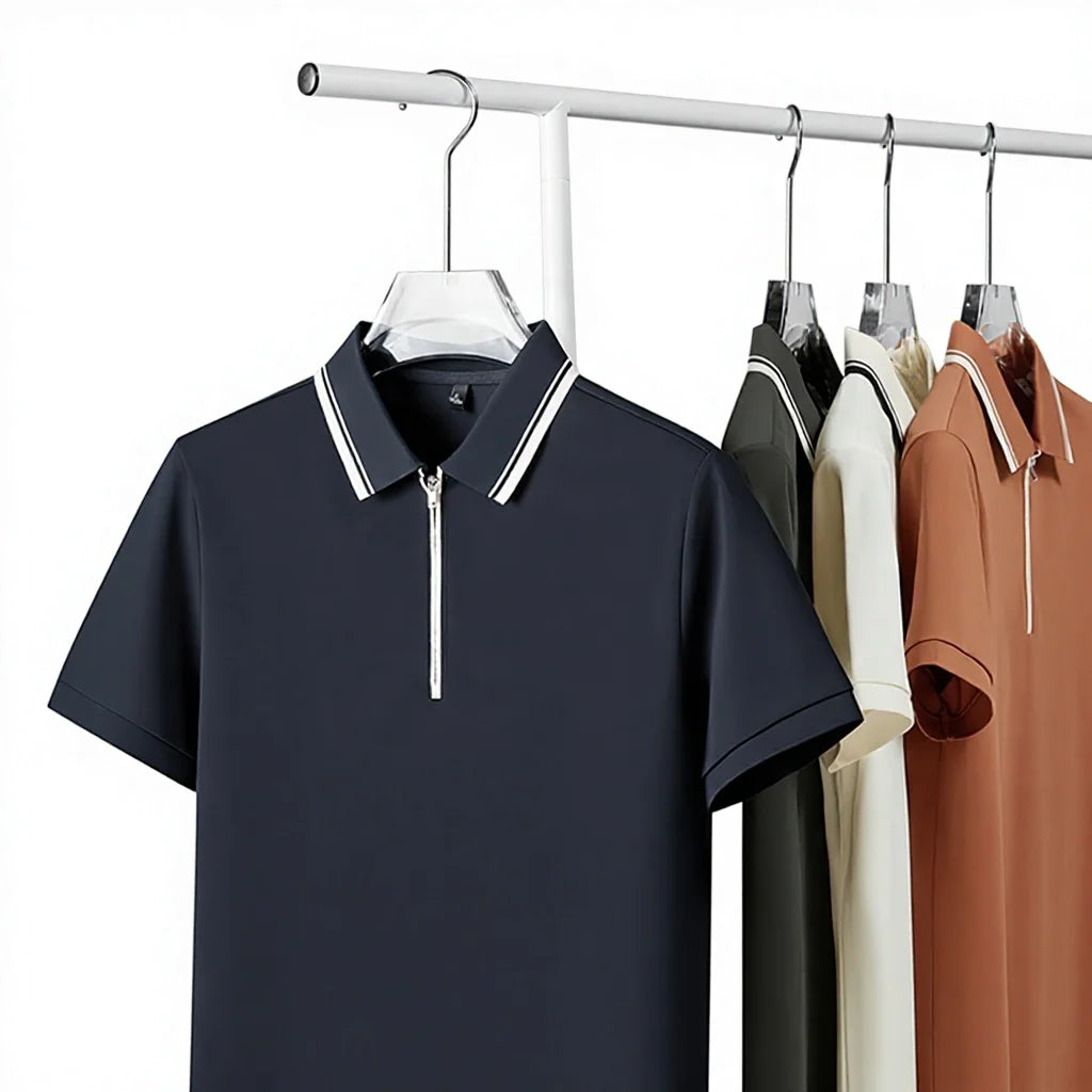 Men's Casual Half-Zip Solid Anti-Pilling for  Shirt Quick-Dry Ice Silk Short Sleeve Turn-Down Collar Nylon Seamless Knitted