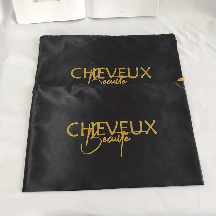 Silk Satin Hair Bag Print 25x38cm Zipper Closure Black Screen Printing Accept for Hair Packaging 3-4 Bundle Hair Custom Logo