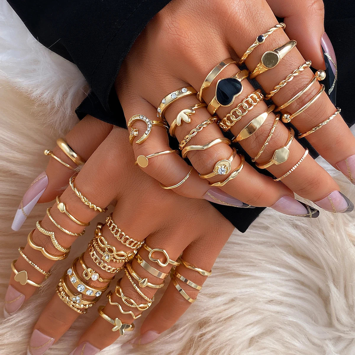 49Pcs/Set Gold Black Drip Oil Peach Heart Zircon Moon Butterfly Twist Ring Set for Women Jewelry