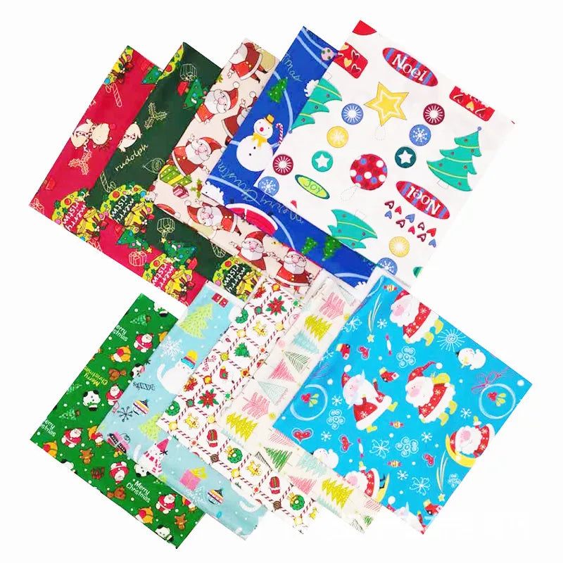 10pcs Mixed Christmas Fabric Patchwork Squares Sewing Cloth Bundles Santa Snowman Printed Quilting Fabrics for Hand Sewing DIY