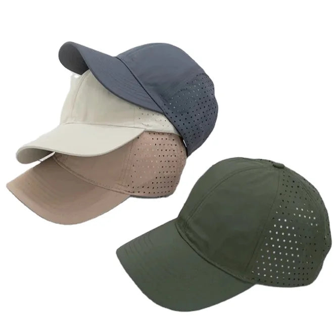 OEM Custom 6 Panel White Laser Cut Hole Perforated Dad Hat Waterproof Flex Fit Baseball Cap Closed Back Logo 3D Embroidery