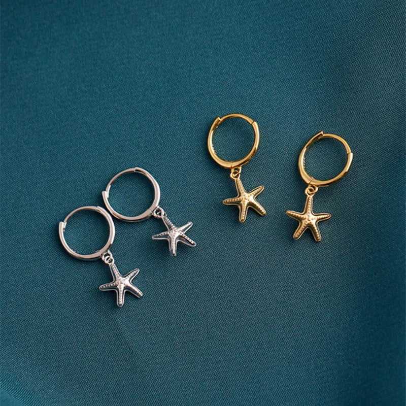 Simple Summer Style 925 Sterling Silver Textured Starfish Dangle Hoop Earrings for Women